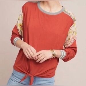 Tiny Anthropologie Women's Rust Floral Boho Sleeve Tie-Front Top Sz Lg Ret $118